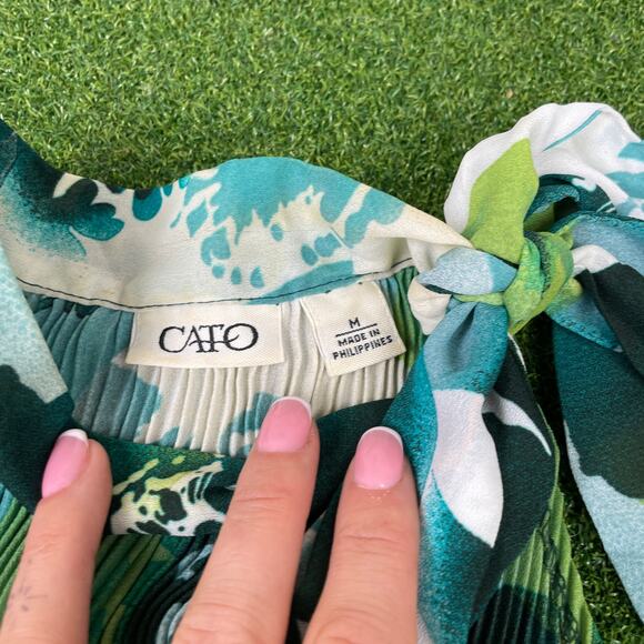 Cato Green Abstract Floral Summer Pleated Halter Mini Dress Sz M - Picture 2 of 5